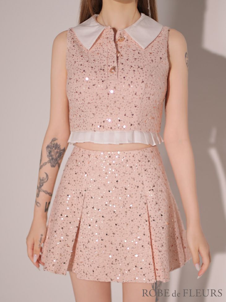 ROBE de FLEURS ローブドフルール 襟つきスパンコールツイードノースリーブプリーツセットアップキャバドレス fm3348