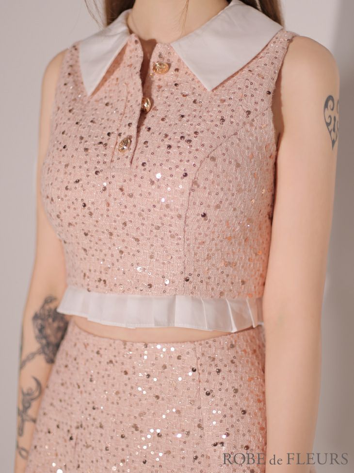 ROBE de FLEURS ローブドフルール 襟つきスパンコールツイードノースリーブプリーツセットアップキャバドレス fm3348