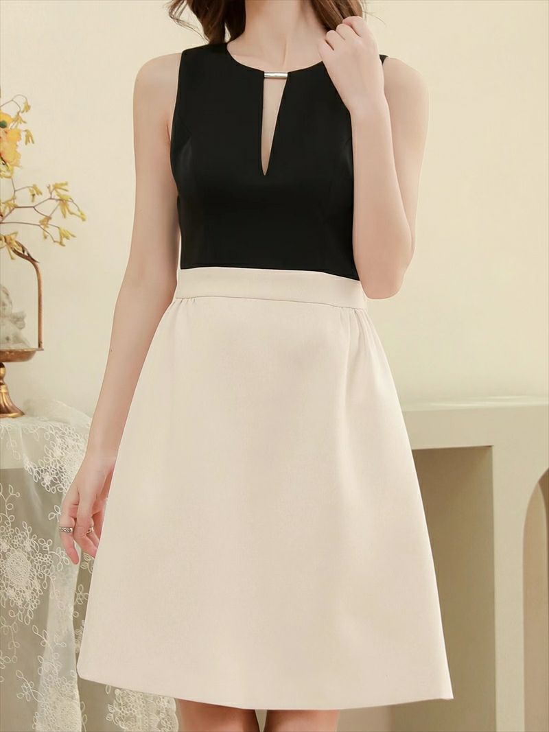 ERUKEI エルケイ ブラック×ホワイト バックリボン・リボン・バイカラー・ノースリーブ・ミニドレス・ワンピース ek-s33151-1