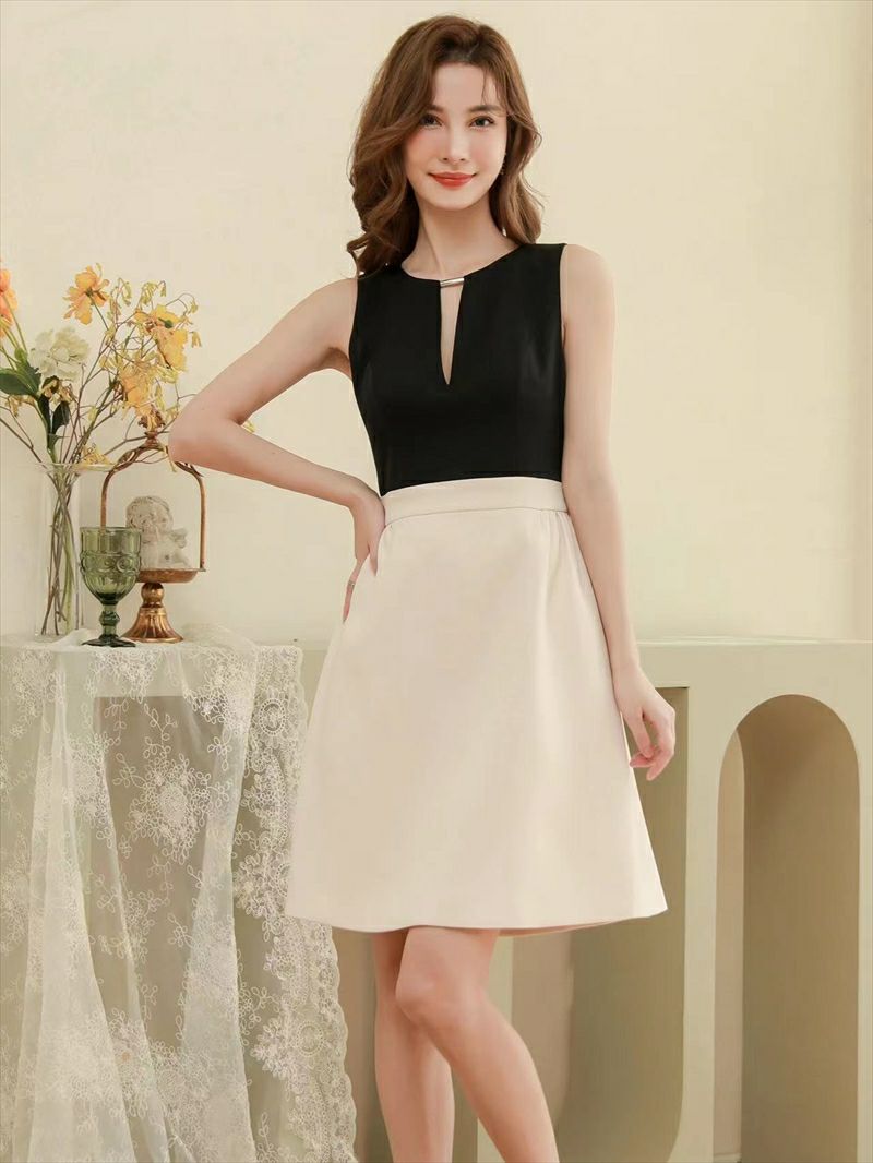 ERUKEI エルケイ ブラック×ホワイト バックリボン・リボン・バイカラー・ノースリーブ・ミニドレス・ワンピース ek-s33151-1