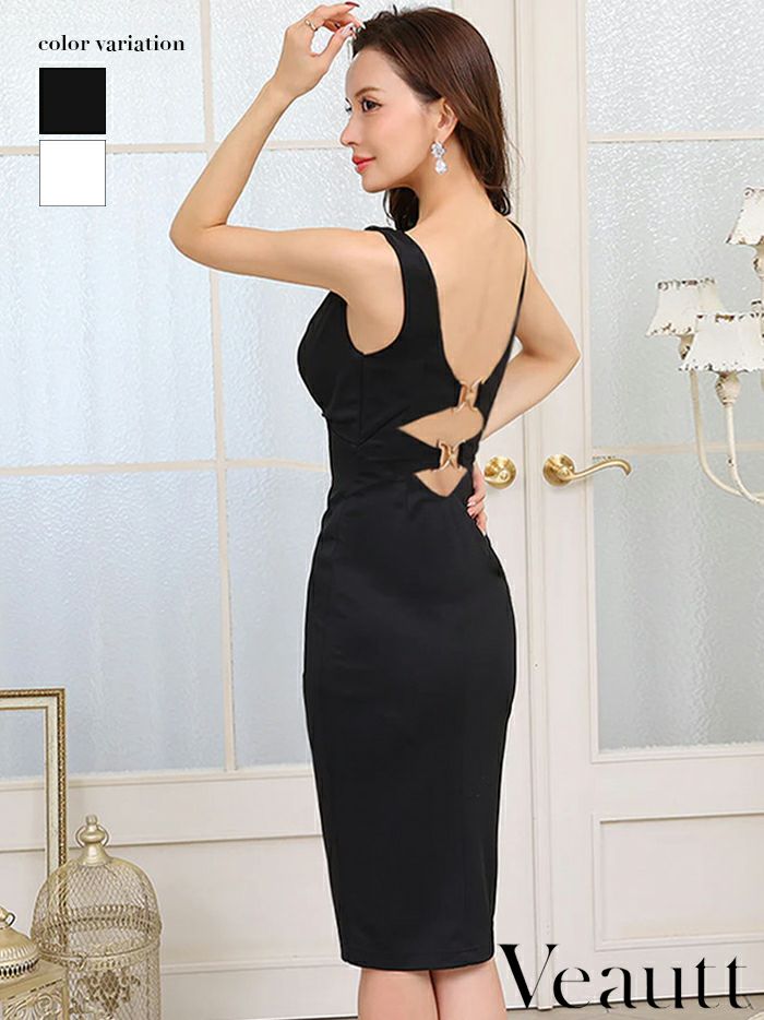 Veautt ヴュート フロントファスナーバックオープンタイトミディアムドレス vt032503