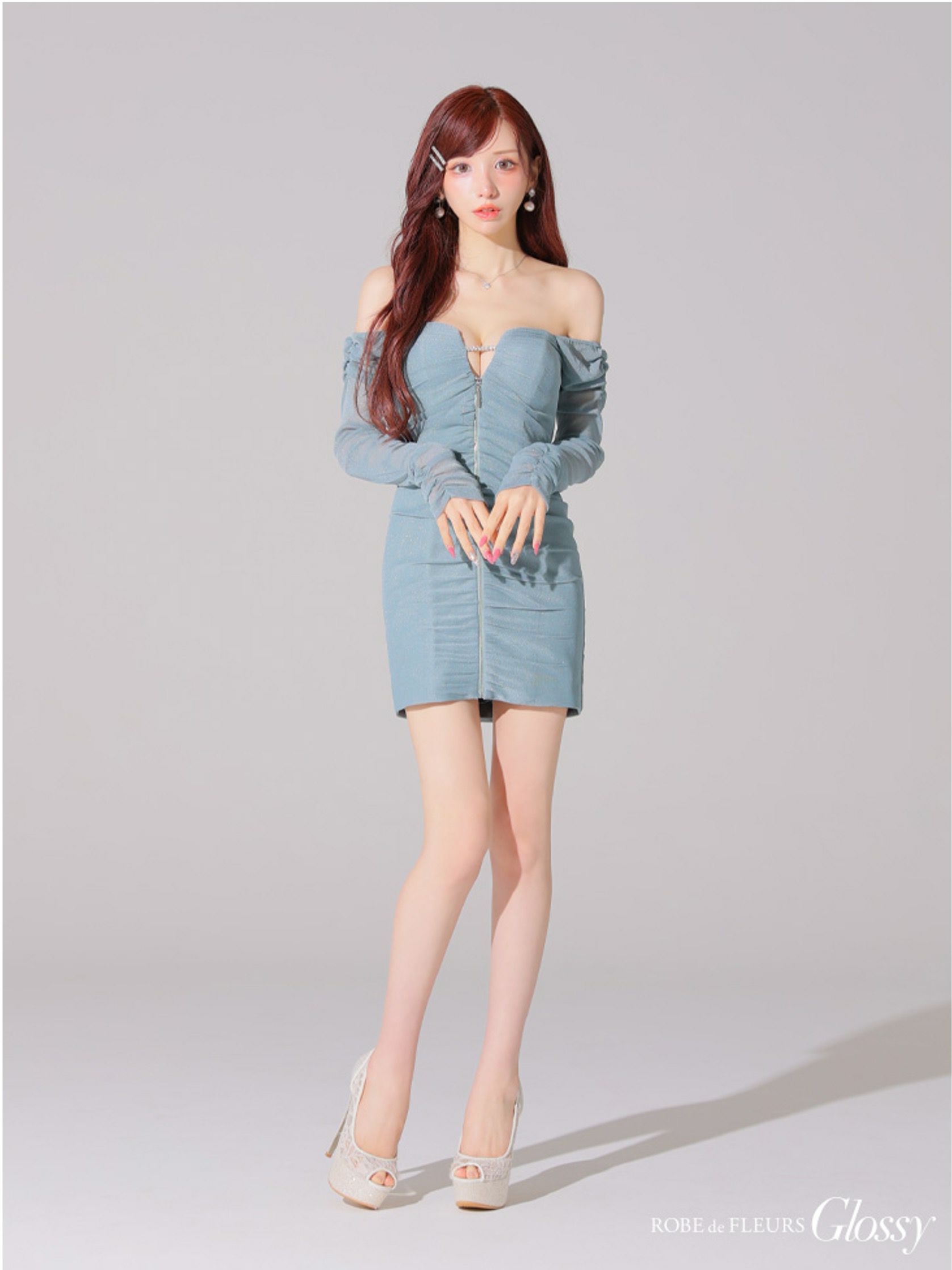 Glossy ローブドフルールグロッシー オフショルラメチュールセンタージップミニキャバドレス gl3926-c