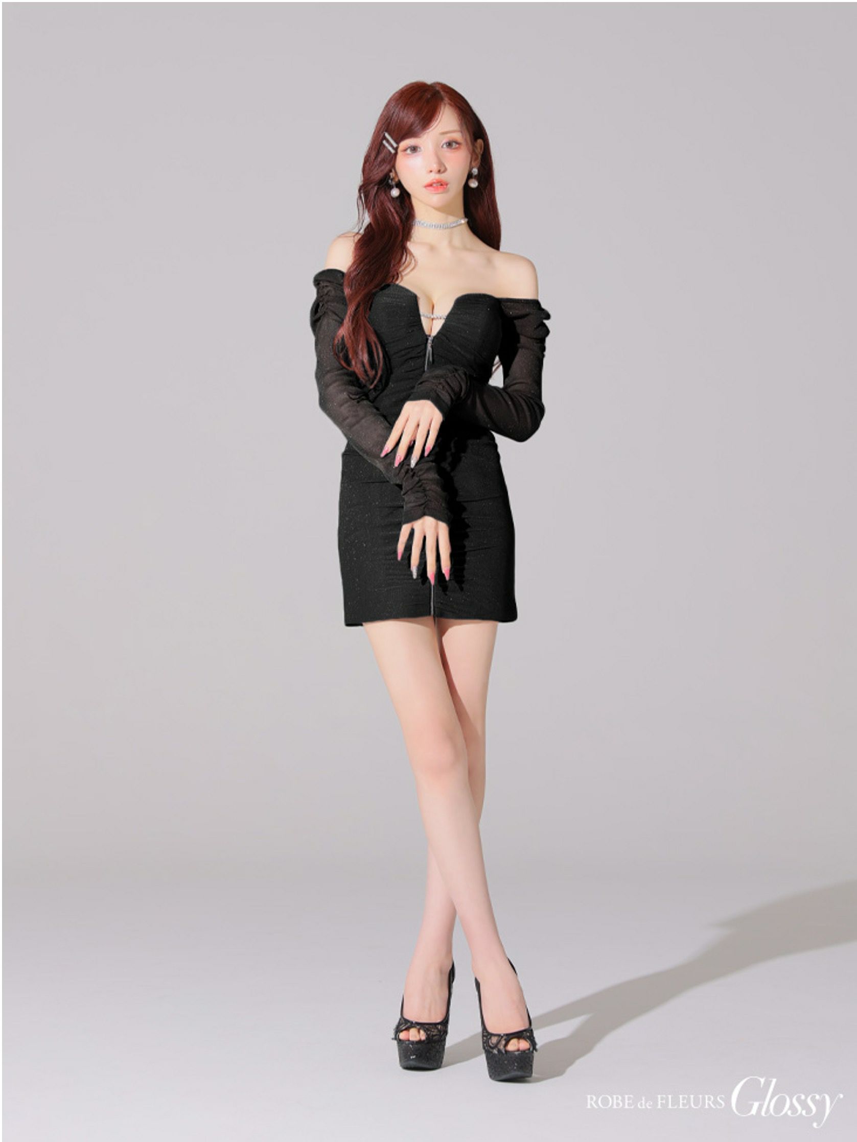 Glossy ローブドフルールグロッシー オフショルラメチュールセンタージップミニキャバドレス gl3926-c