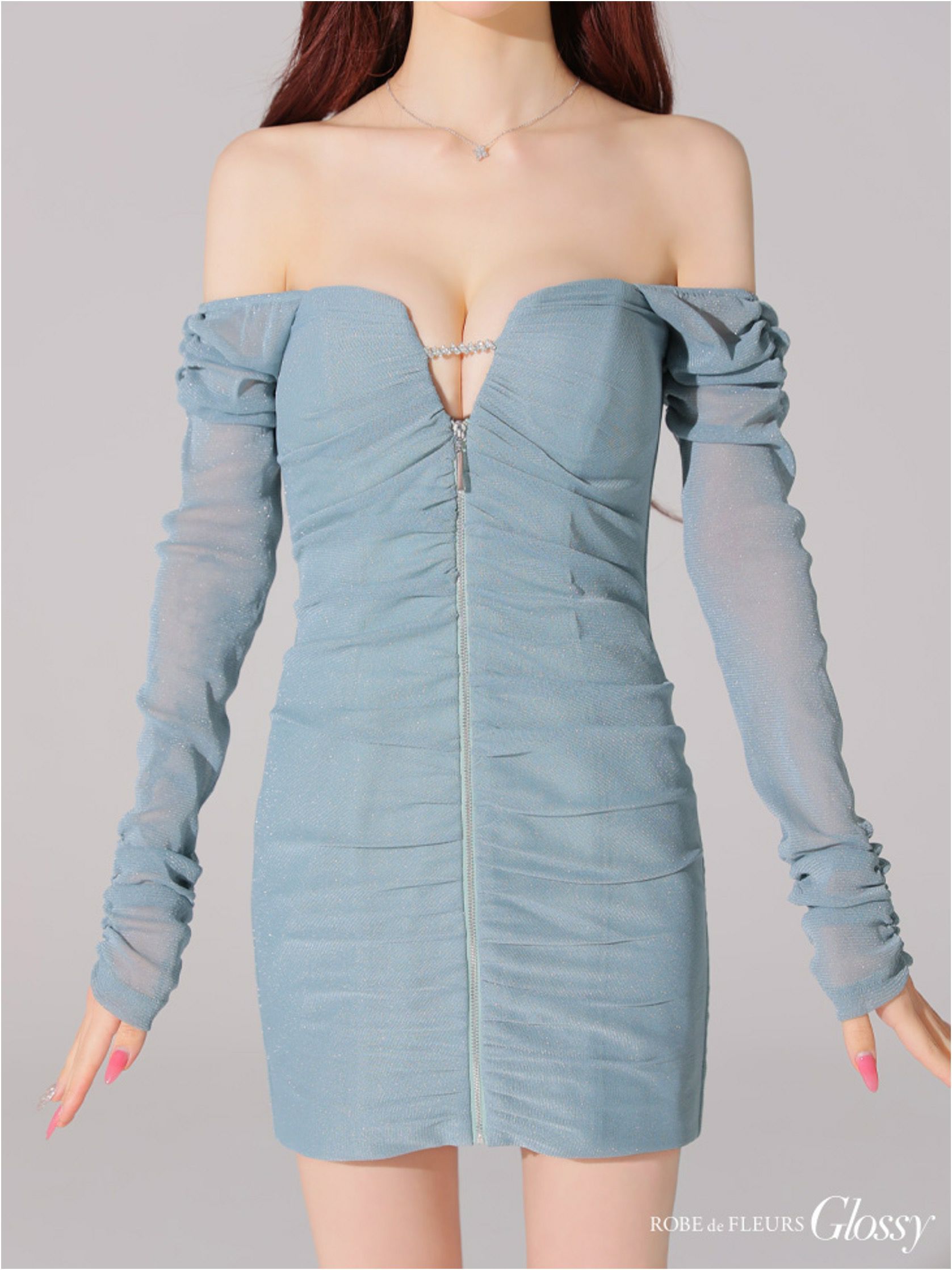 Glossy ローブドフルールグロッシー オフショルラメチュールセンタージップミニキャバドレス gl3926-c