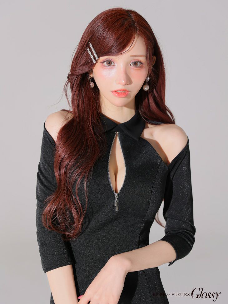 Glossy ローブドフルールグロッシー 襟デザインオフショルバストジップミニキャバドレス gl4109-c
