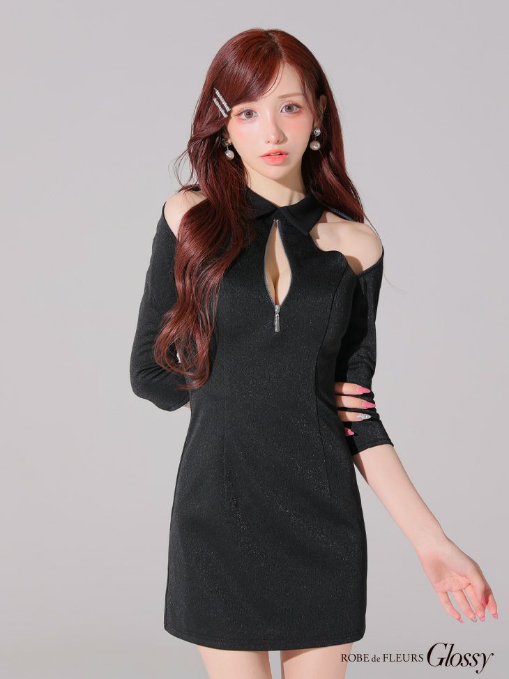 Glossy ローブドフルールグロッシー 襟デザインオフショルバストジップミニキャバドレス gl4109-c