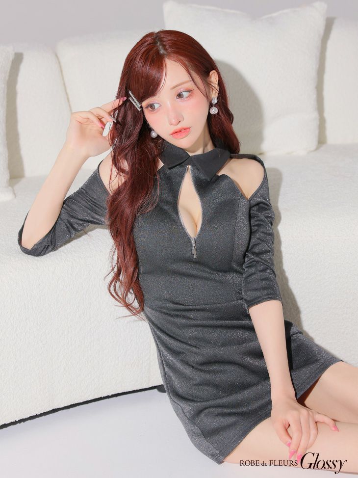 Glossy ローブドフルールグロッシー 襟デザインオフショルバストジップミニキャバドレス gl4109-c