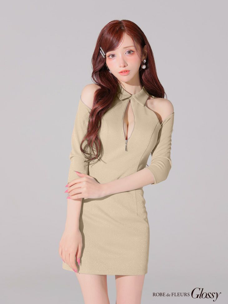 Glossy ローブドフルールグロッシー 襟デザインオフショルバストジップミニキャバドレス gl4109-c