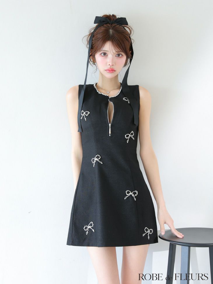 ROBE de FLEURS ローブドフルール リボンビジューノースリーブミニキャバドレス fm3454