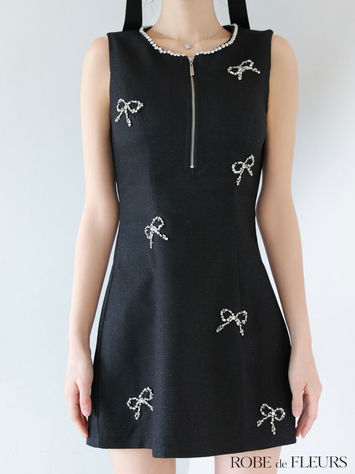 ROBE de FLEURS ローブドフルール リボンビジューノースリーブミニキャバドレス fm3454