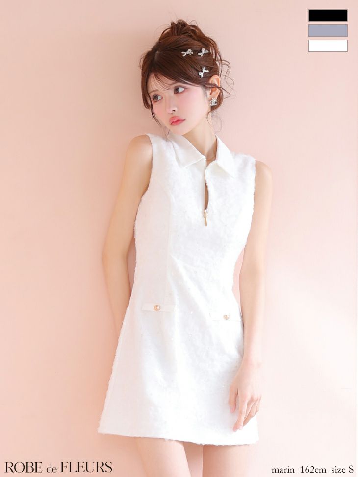 ROBE de FLEURS ローブドフルール 襟つきフラワーレースサテンミニキャバドレス fm4303