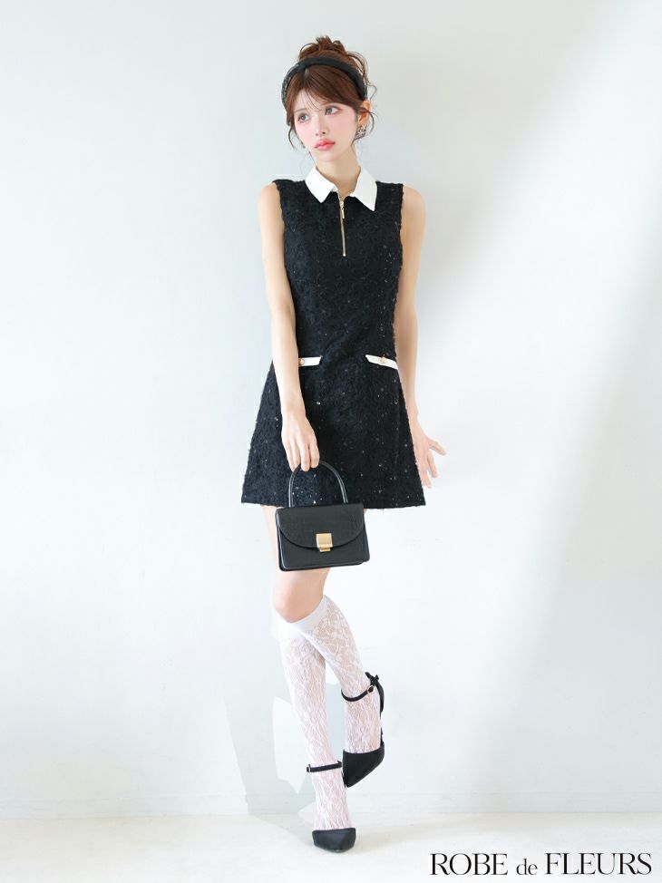 ROBE de FLEURS ローブドフルール 襟つきフラワーレースサテンミニキャバドレス fm4303