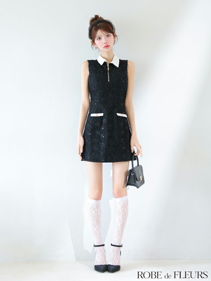 ROBE de FLEURS ローブドフルール 襟つきフラワーレースサテンミニキャバドレス fm4303