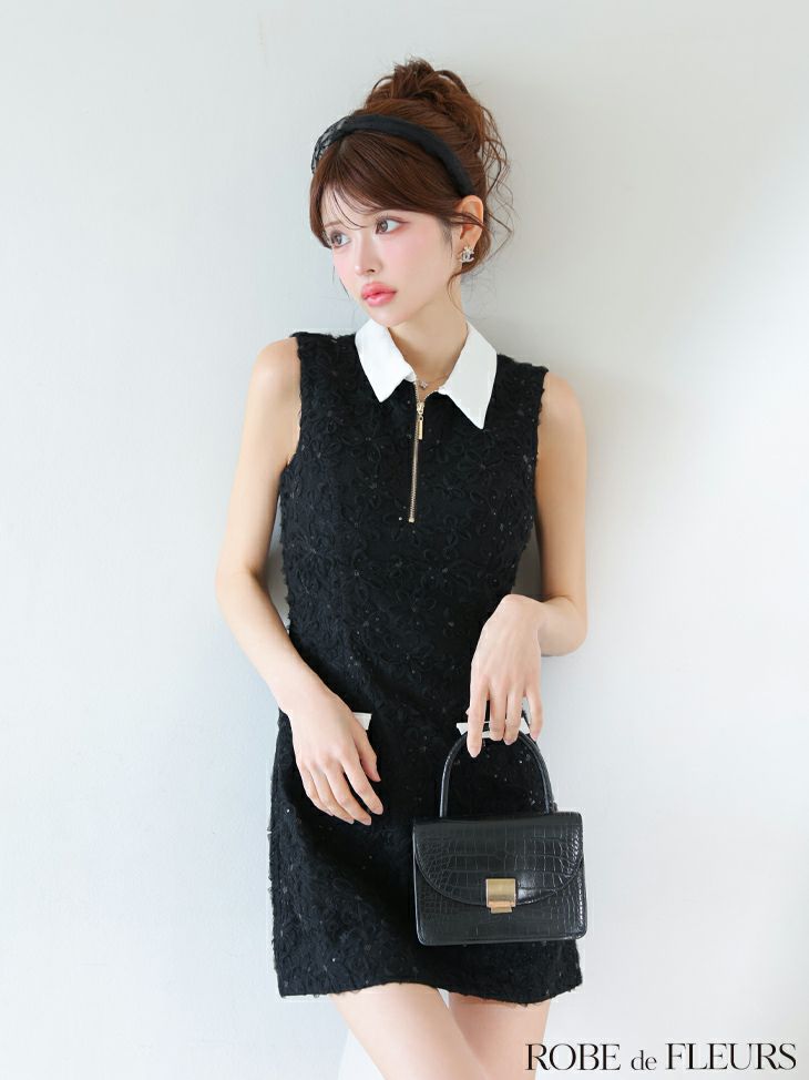 ROBE de FLEURS ローブドフルール 襟つきフラワーレースサテンミニキャバドレス fm4303