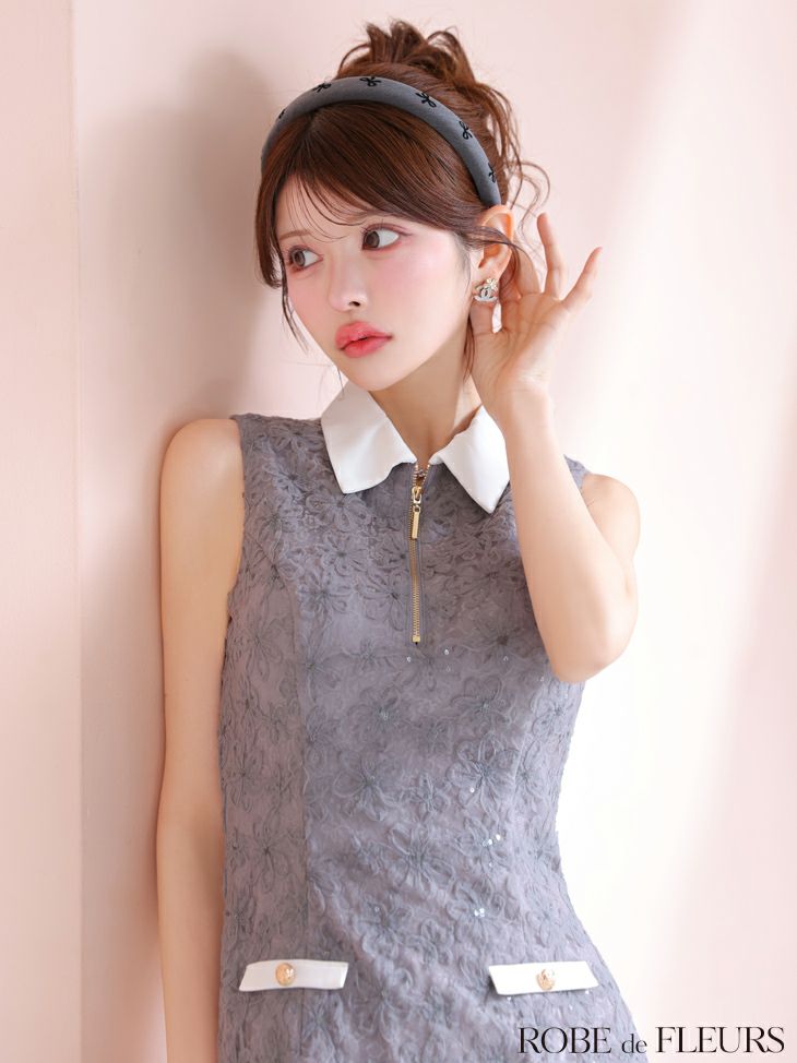 ROBE de FLEURS ローブドフルール 襟つきフラワーレースサテンミニキャバドレス fm4303