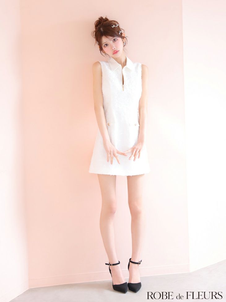 ROBE de FLEURS ローブドフルール 襟つきフラワーレースサテンミニキャバドレス fm4303