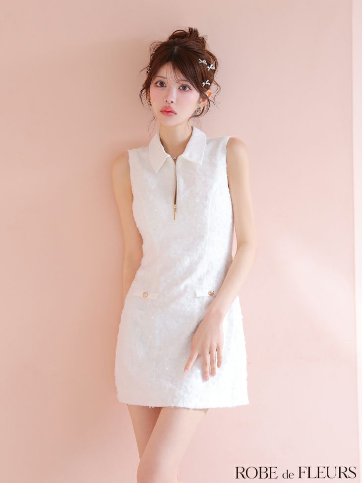 ROBE de FLEURS ローブドフルール 襟つきフラワーレースサテンミニキャバドレス fm4303