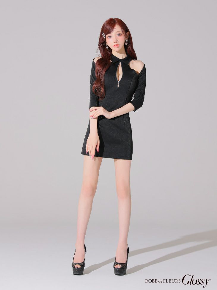 Glossy ローブドフルールグロッシー 襟デザインオフショルバストジップミニキャバドレス gl4109