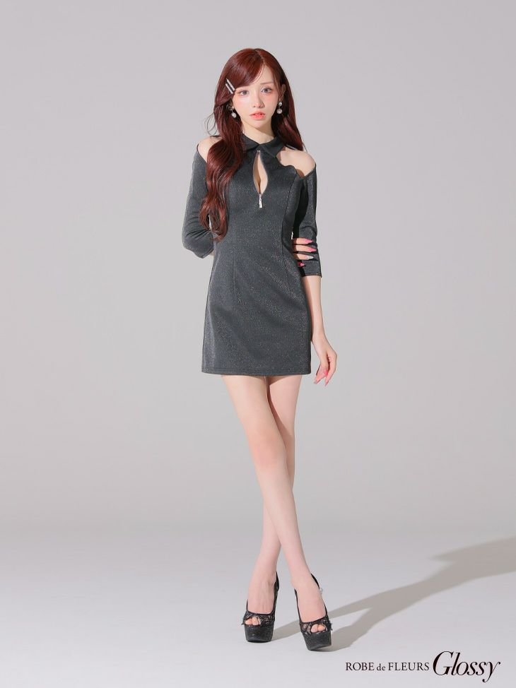 Glossy ローブドフルールグロッシー 襟デザインオフショルバストジップミニキャバドレス gl4109
