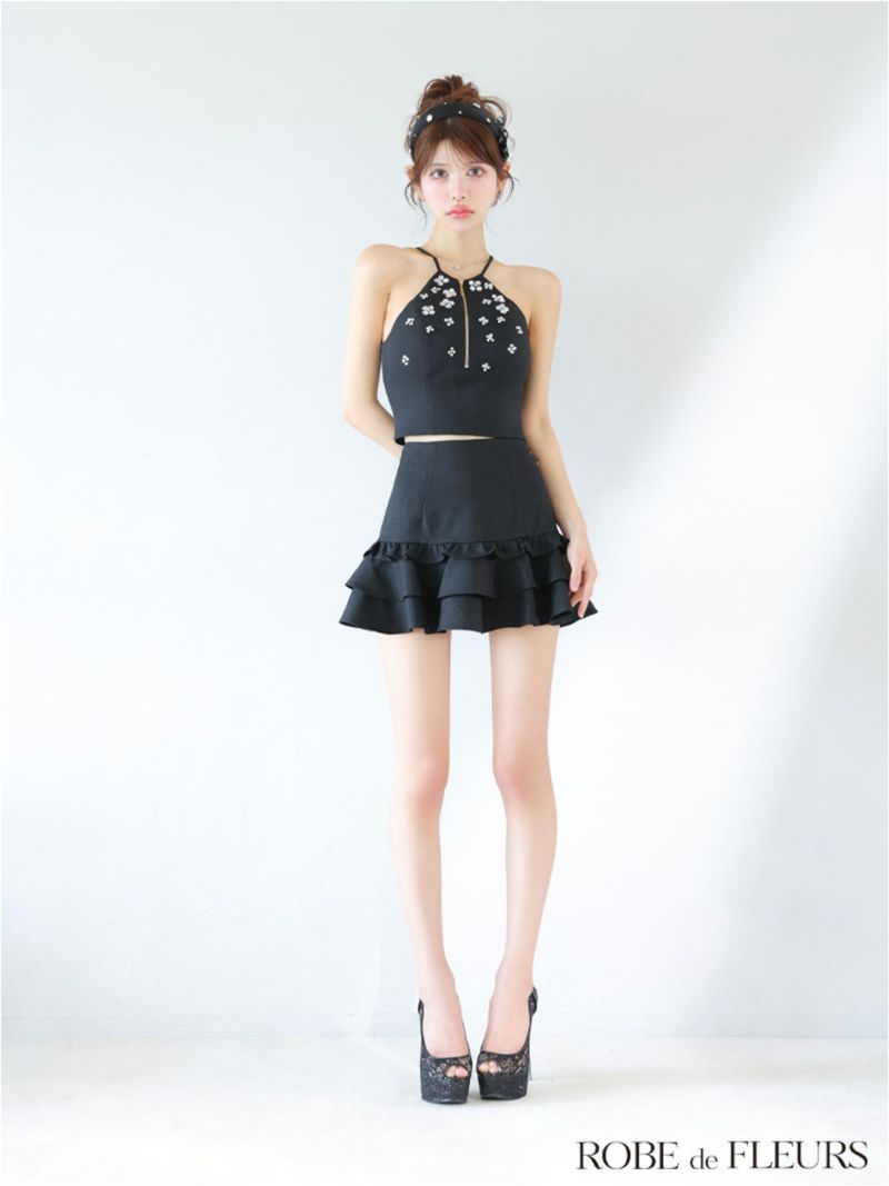 ROBE de FLEURS ローブドフルール ホルターネックビジューフレアセットアップミニキャバドレス fm3799-c