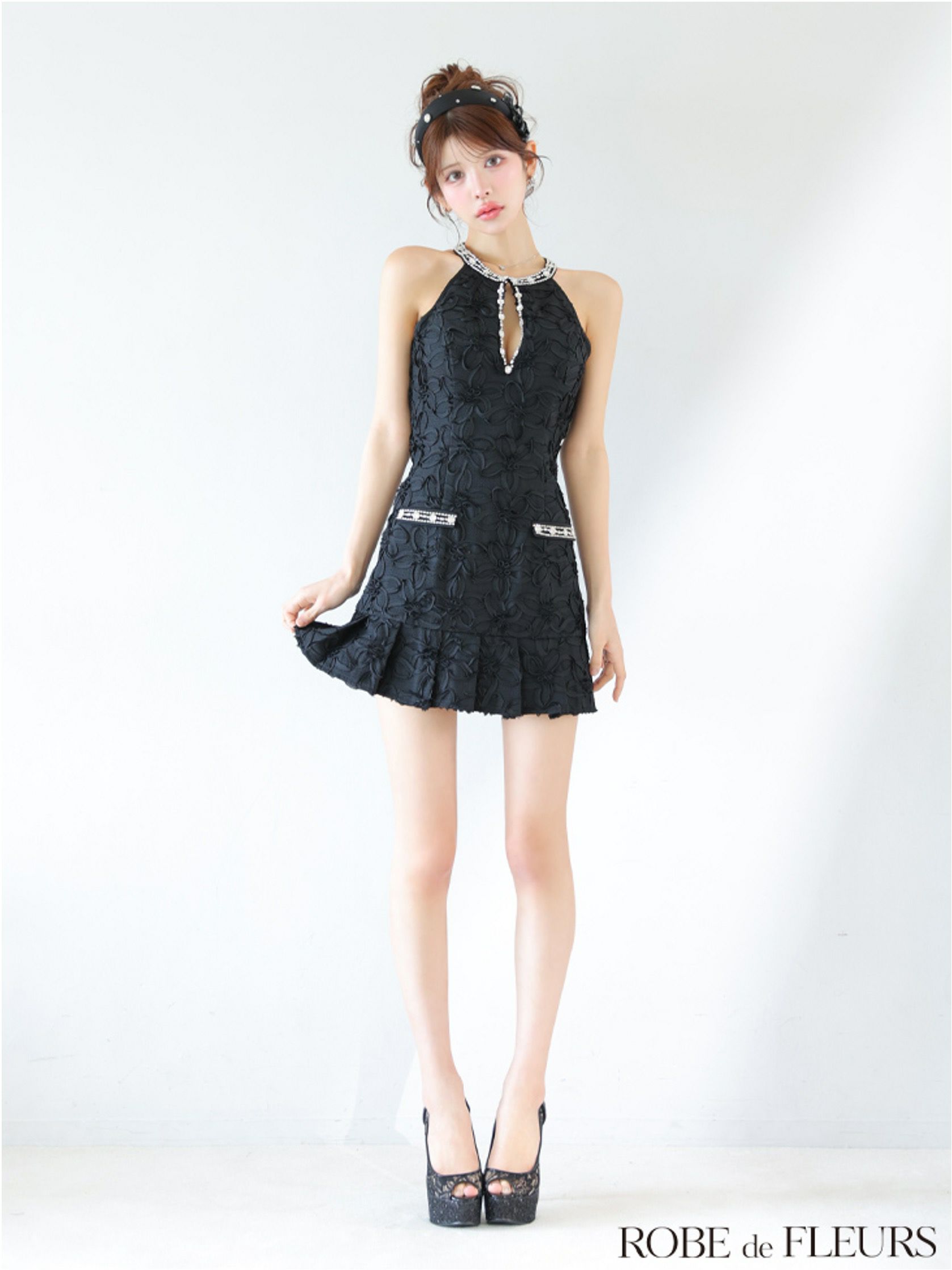 ROBE de FLEURS ローブドフルール フラワージャガードプリーツミニキャバドレス fm4302-c