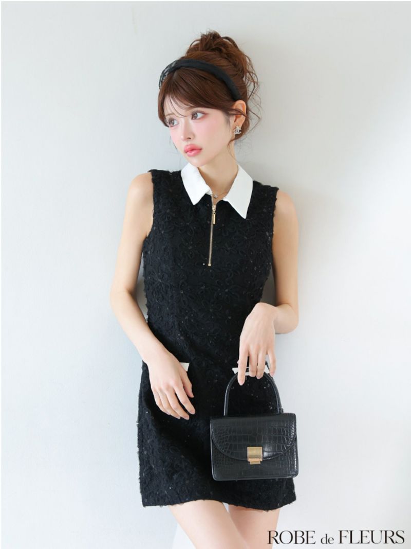 ローブドブルール　襟付きフラワーレースサテンミニキャバドレス XSサイズあり【ROBE de FLEURS/ローブドフルール】襟つき/ フラワー