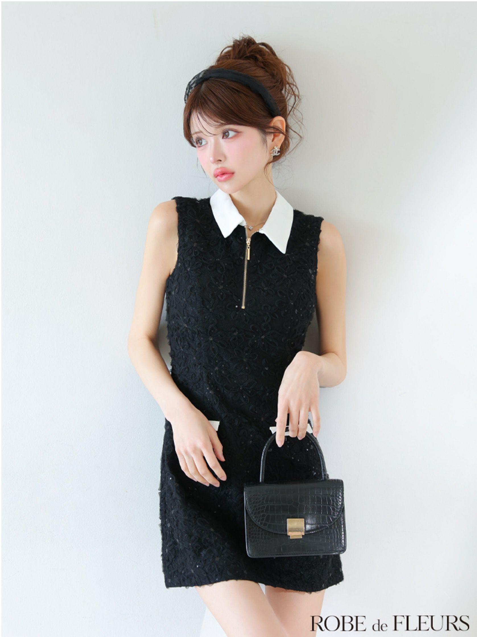 ROBE de FLEURS ローブドフルール 襟つきフラワーレースサテンミニキャバドレス fm4303-c