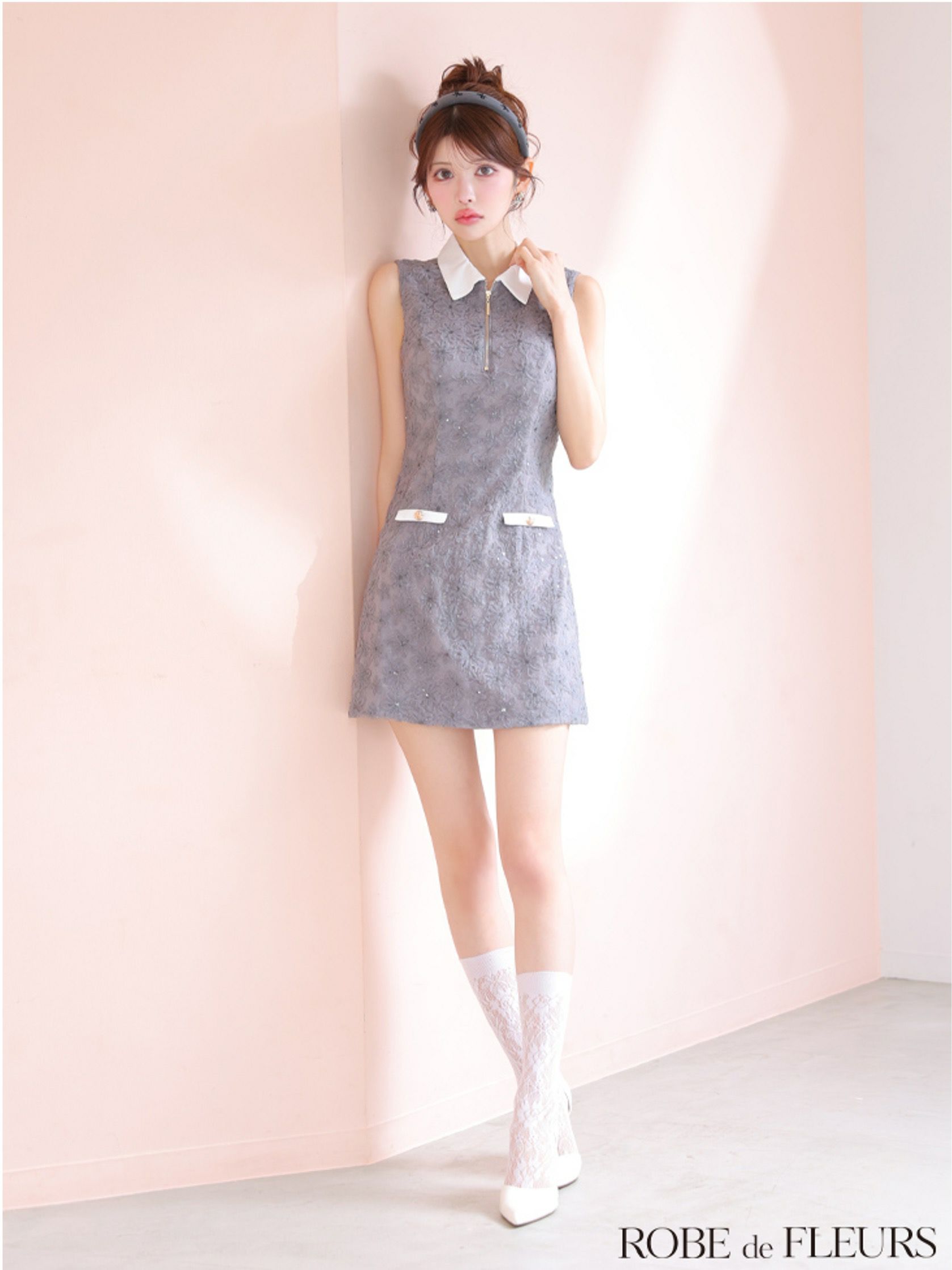 ROBE de FLEURS ローブドフルール 襟つきフラワーレースサテン