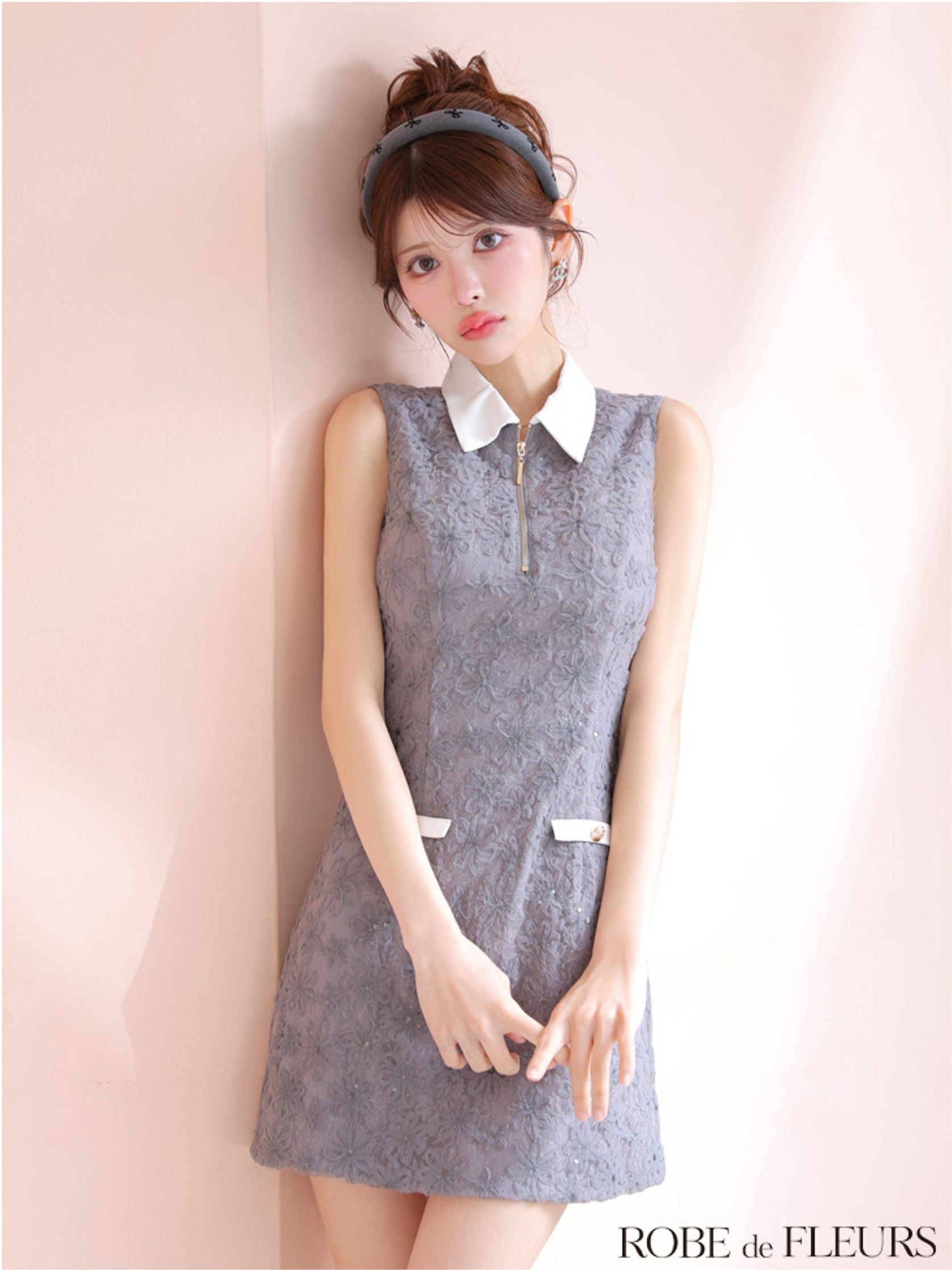 ROBE de FLEURS ローブドフルール 襟つきフラワーレースサテンミニキャバドレス fm4303-c