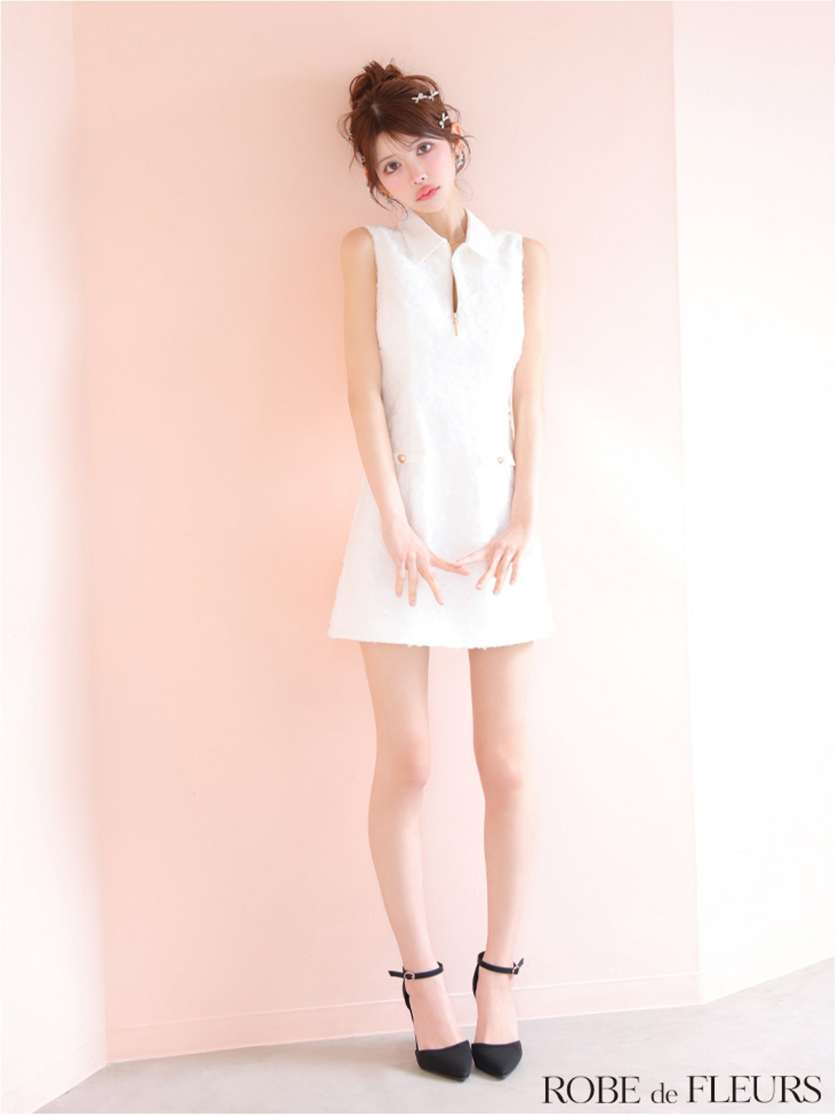 ROBE de FLEURS ローブドフルール 襟つきフラワーレースサテンミニキャバドレス fm4303-c