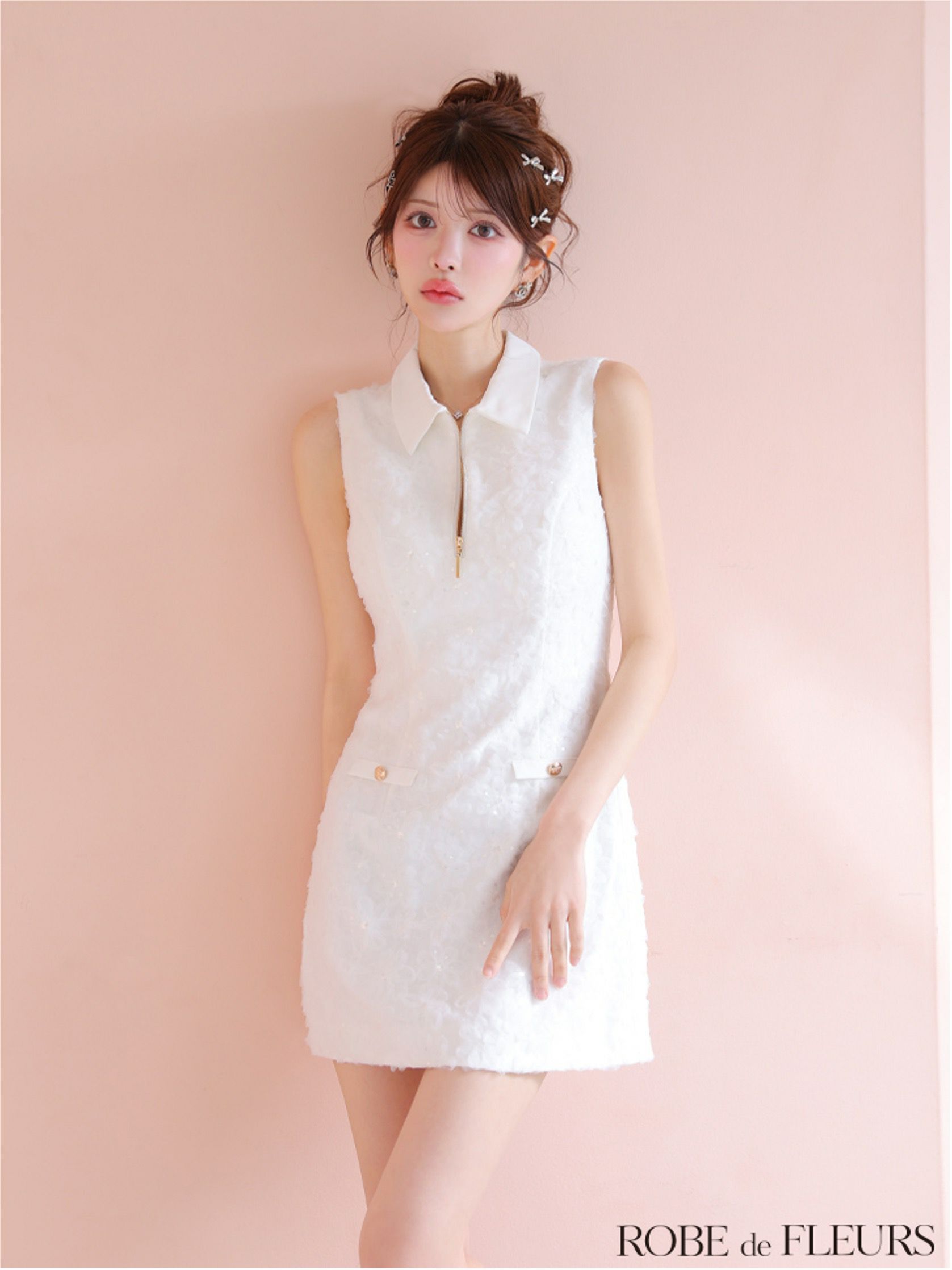 ROBE de FLEURS ローブドフルール 襟つきフラワーレースサテンミニキャバドレス fm4303-c