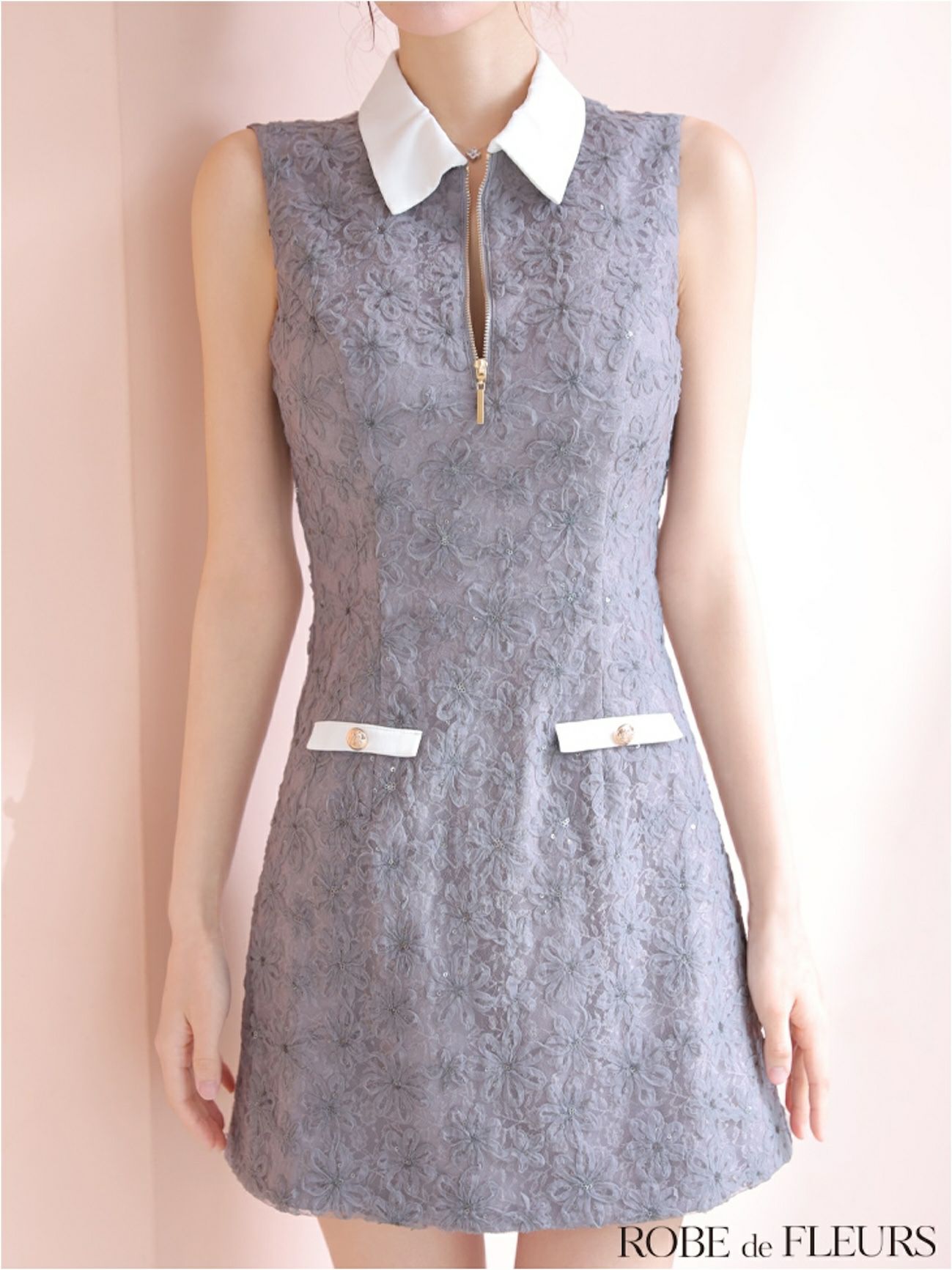 ROBE de FLEURS ローブドフルール 襟つきフラワーレースサテンミニキャバドレス fm4303-c