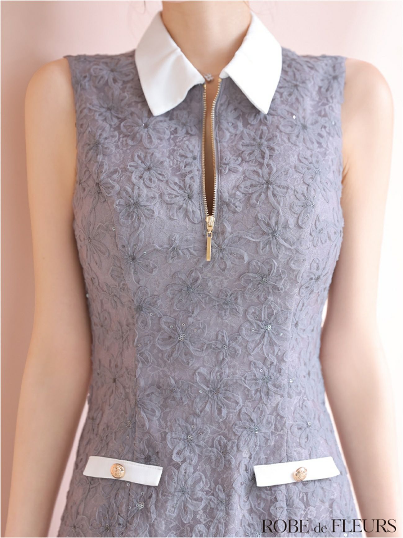 ROBE de FLEURS ローブドフルール 襟つきフラワーレースサテンミニキャバドレス fm4303-c