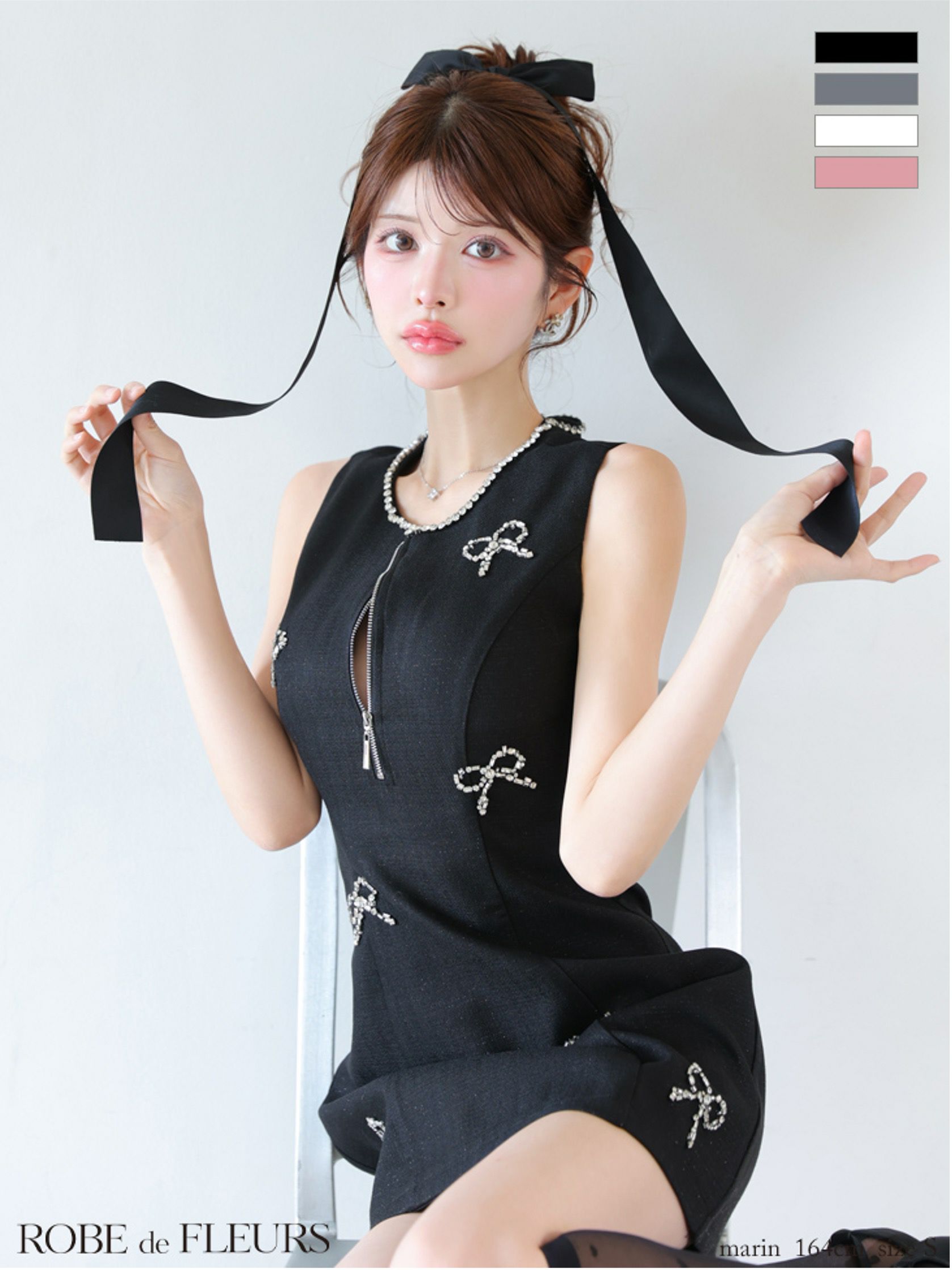 ROBE de FLEURS ローブドフルール リボンビジューノースリーブミニキャバドレス fm3454-c