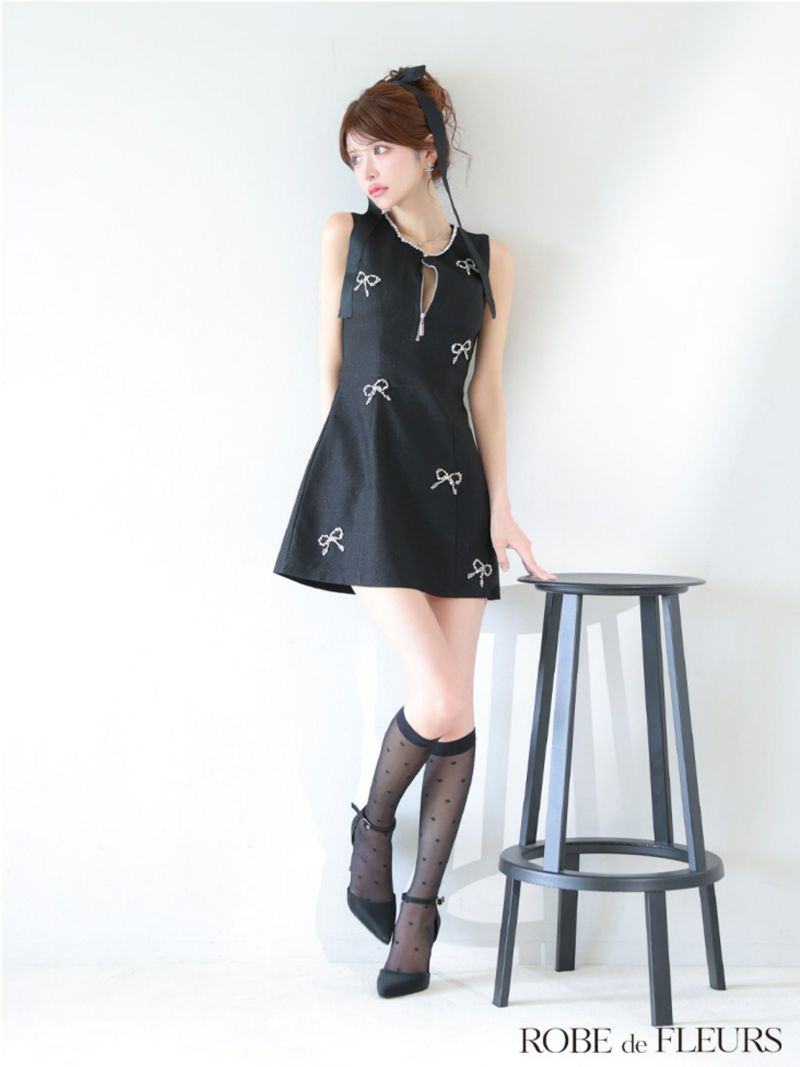 ROBE de FLEURS ローブドフルール リボンビジューノースリーブミニキャバドレス fm3454-c