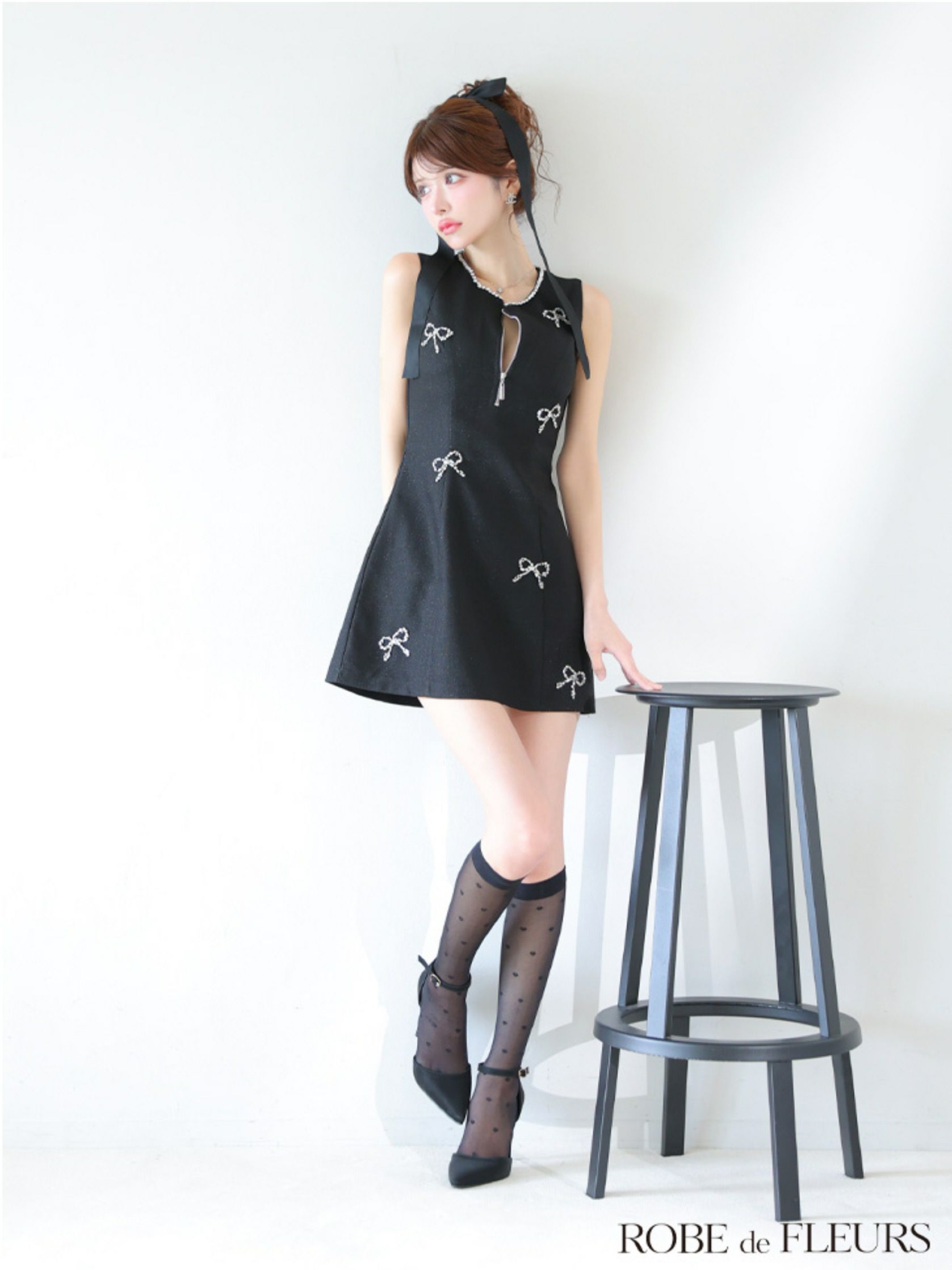 ROBE de FLEURS ローブドフルール リボンビジューノースリーブミニキャバドレス fm3454-c