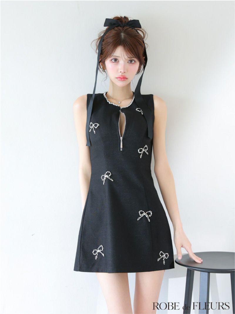 ROBE de FLEURS ローブドフルール リボンビジューノースリーブミニキャバドレス fm3454-c