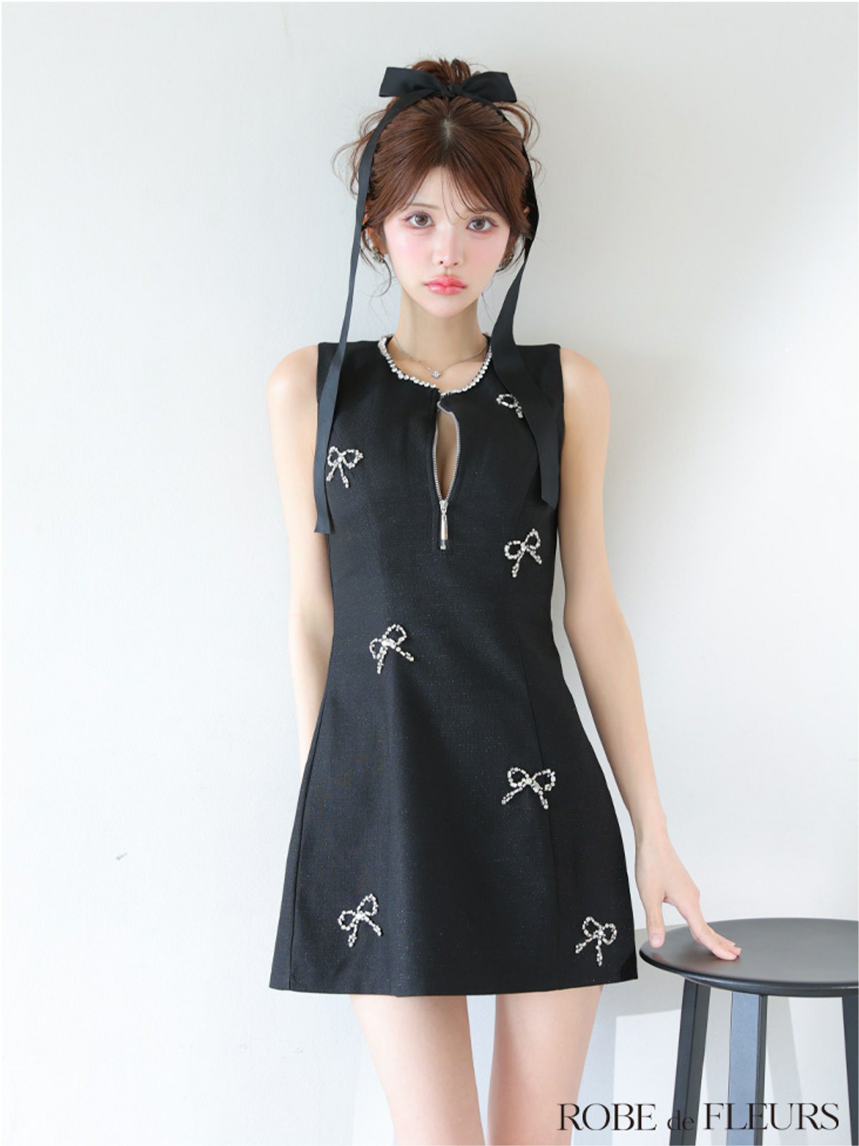 ROBE de FLEURS ローブドフルール リボンビジューノースリーブミニキャバドレス fm3454-c