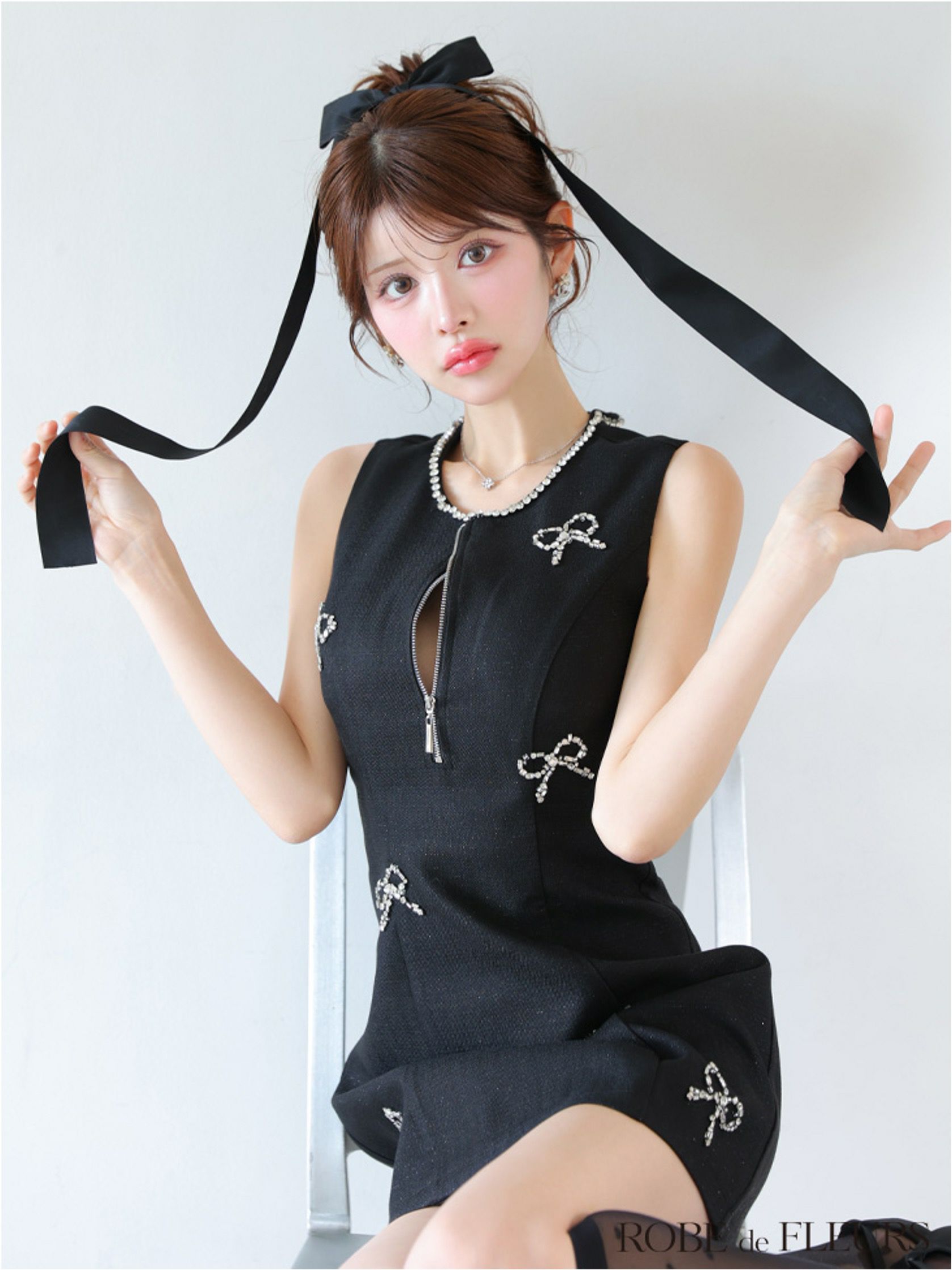 ROBE de FLEURS ローブドフルール リボンビジューノースリーブミニキャバドレス fm3454-c