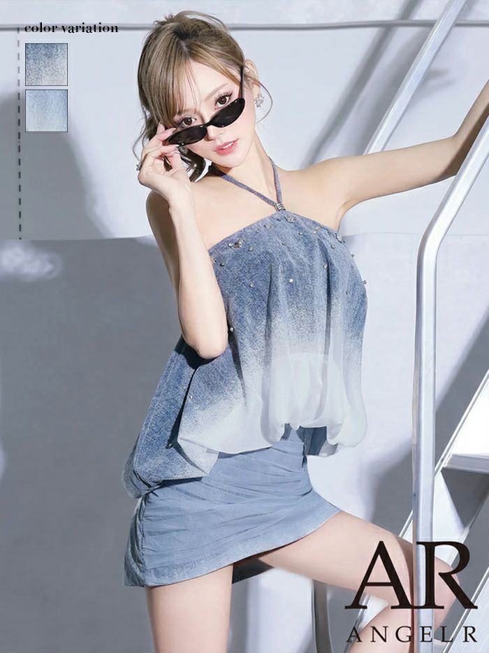 AngelR エンジェルアール デニム風グラデーションホルターネックシャンブレーダンガリービジューセパレートマイクロミニドレス ar25323-ks