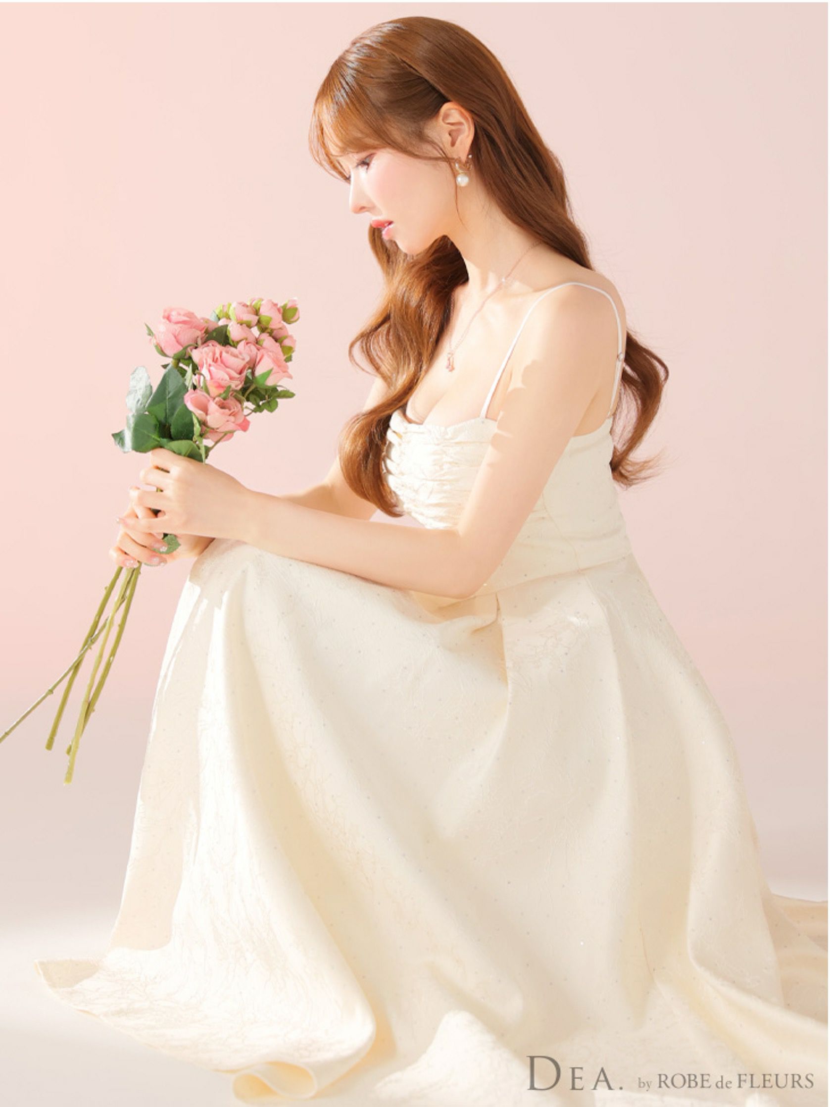 DEA. ディア バイ ローブドフルール ストーンジャガードギャザーフレアロングキャバドレスde3459-c