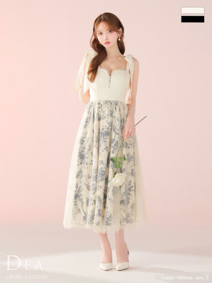 DEA. ディア バイ ローブドフルール 花柄チュール肩リボンフレアロングキャバドレス de4301