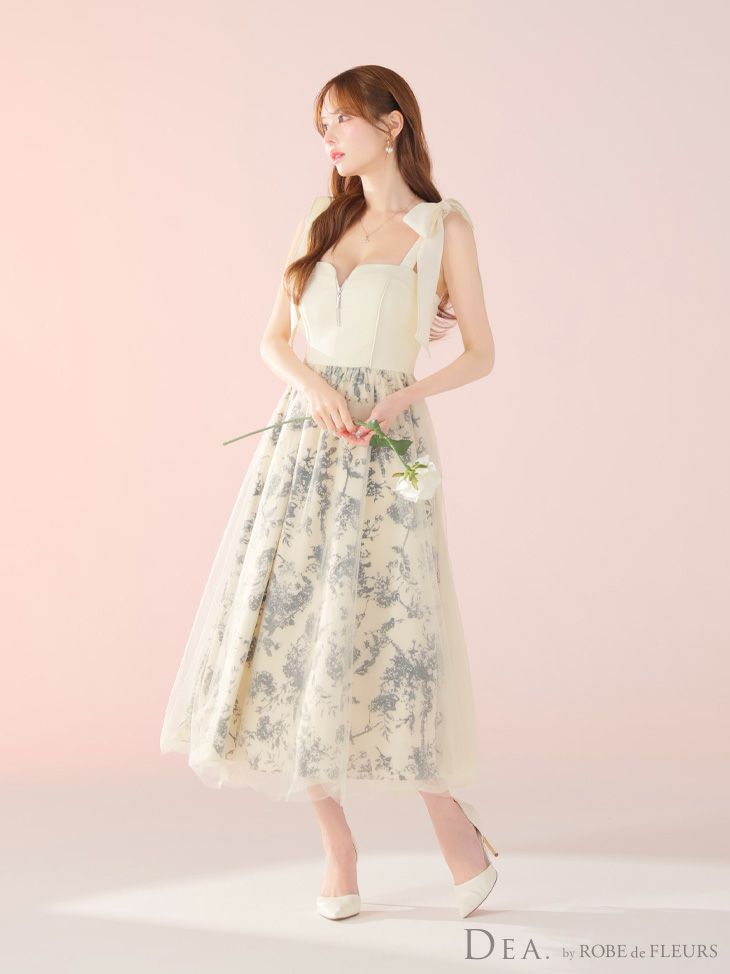 DEA. ディア バイ ローブドフルール 花柄チュール肩リボンフレアロングキャバドレス de4301
