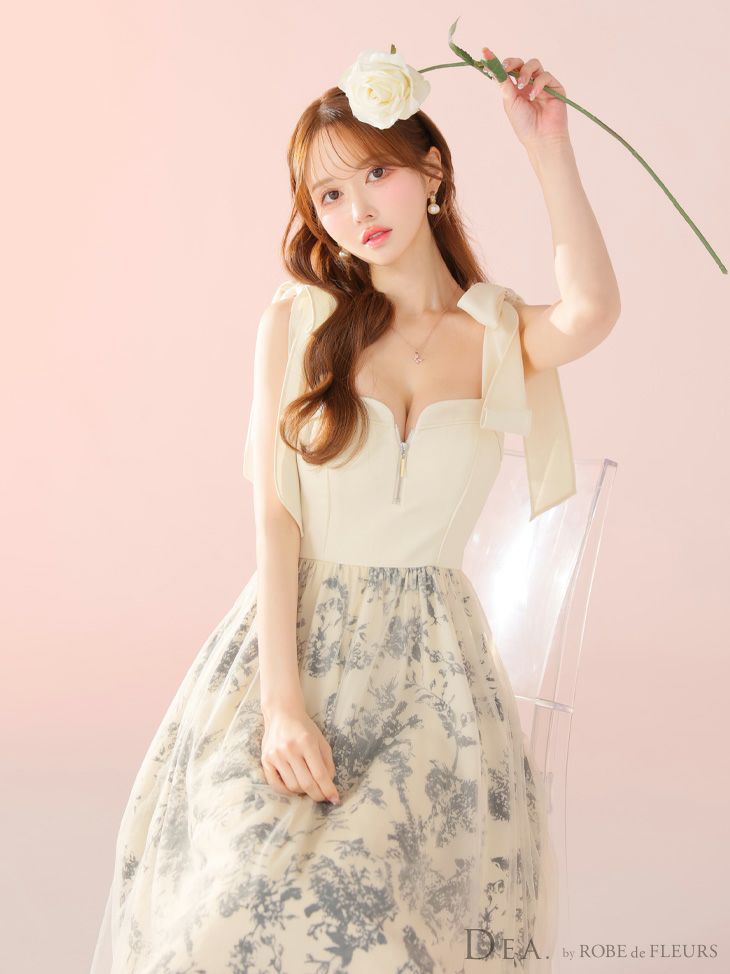 DEA. ディア バイ ローブドフルール 花柄チュール肩リボンフレアロングキャバドレス de4301