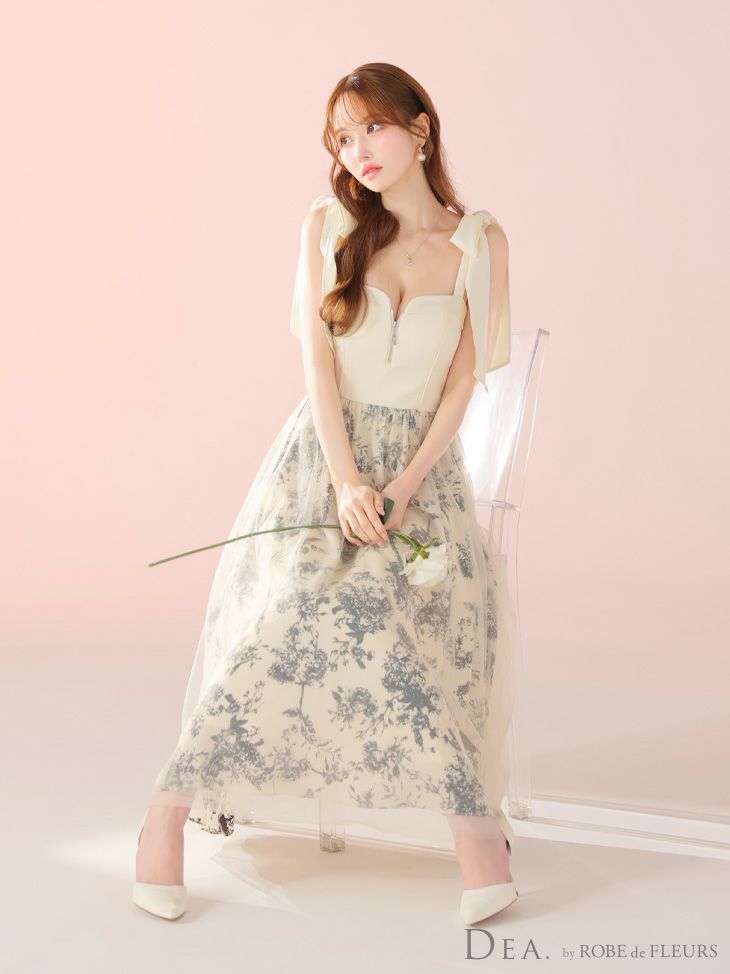 DEA. ディア バイ ローブドフルール 花柄チュール肩リボンフレアロングキャバドレス de4301