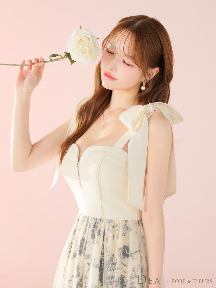 DEA. ディア バイ ローブドフルール 花柄チュール肩リボンフレアロングキャバドレス de4301