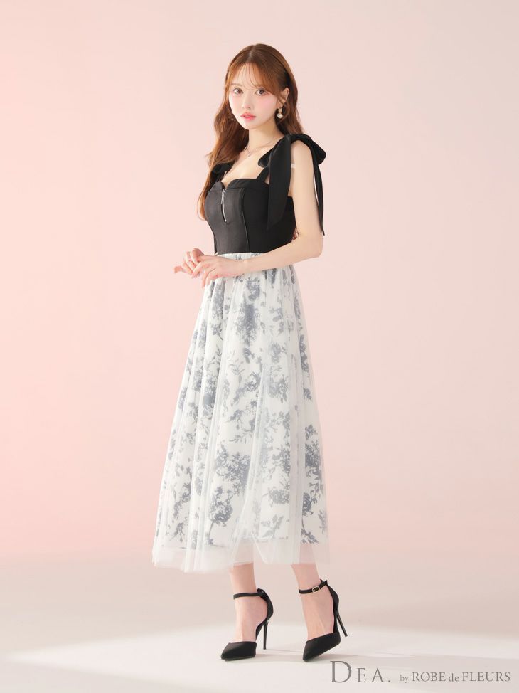 DEA. ディア バイ ローブドフルール 花柄チュール肩リボンフレアロングキャバドレス de4301