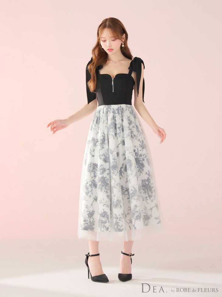 DEA. ディア バイ ローブドフルール 花柄チュール肩リボンフレアロングキャバドレス de4301