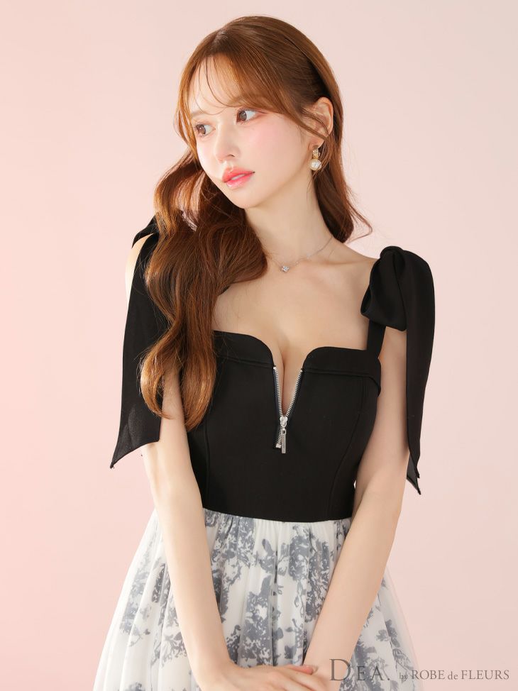 DEA. ディア バイ ローブドフルール 花柄チュール肩リボンフレアロングキャバドレス de4301