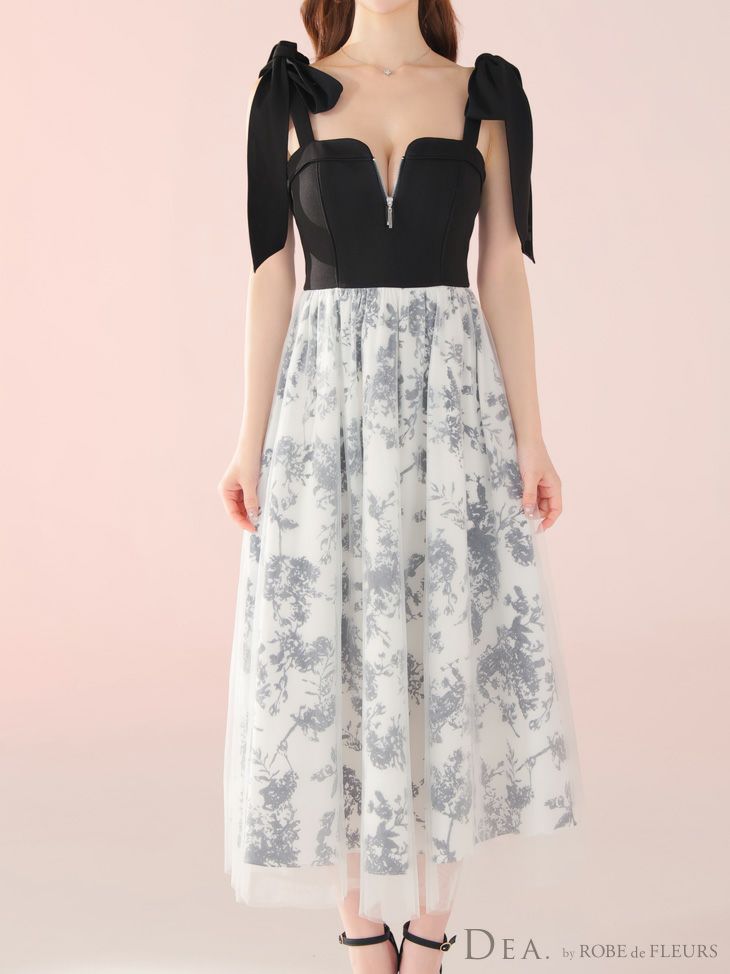 DEA. ディア バイ ローブドフルール 花柄チュール肩リボンフレアロングキャバドレス de4301